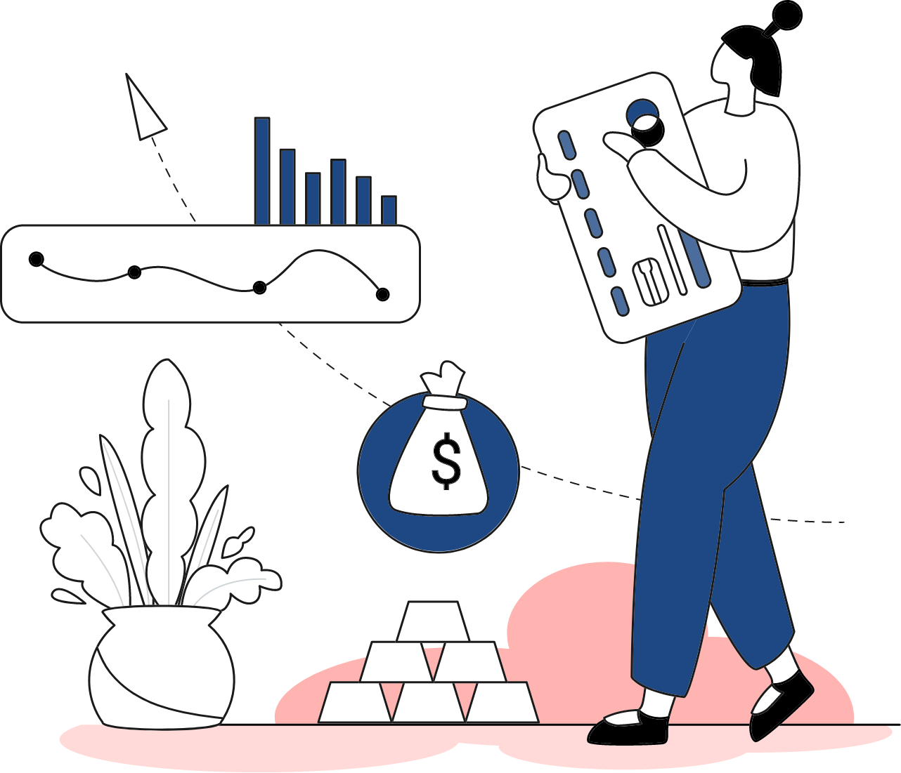 woman holding card with graph icons illustration